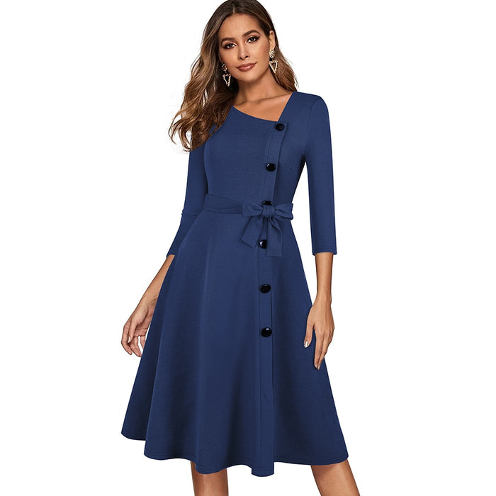 Button Retro Elegant Flare Swing Dress