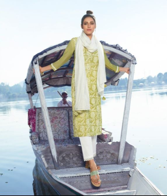 Green Printed Kurti with Bottom & Dupatta