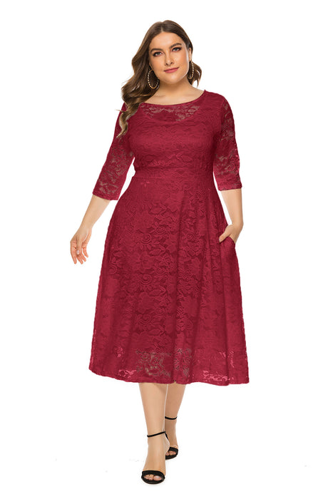 Plus Size Midi Cutout Lace Pocket Dress