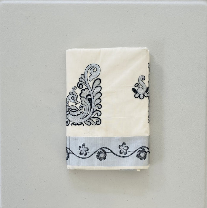 Silver Kasavu Peacock Design Embroidery Work Saree