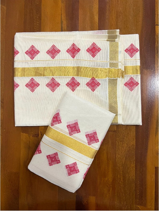 Cotton Kasavu Set Mundu with Block Prints on Border