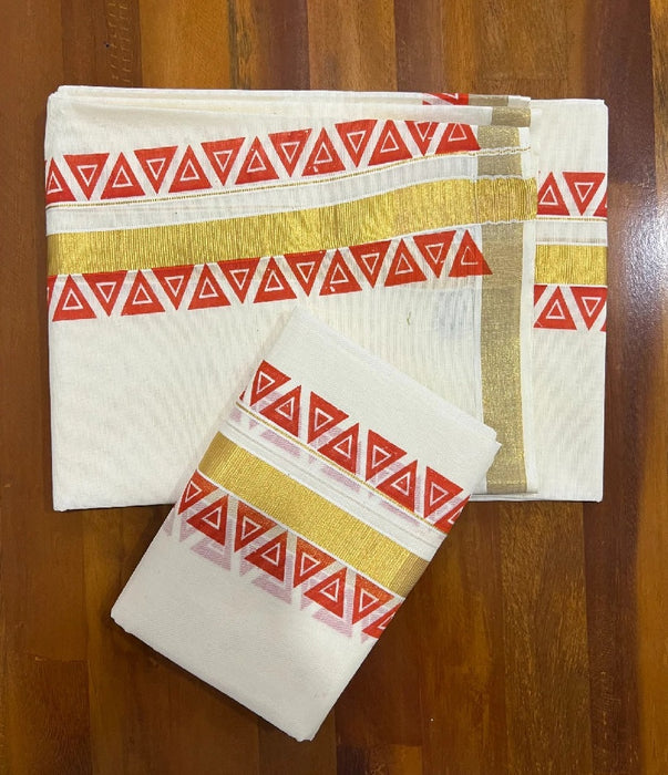 Cotton Kasavu Set Mundu with Block Prints on Border