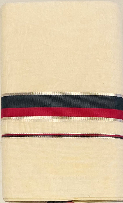 Silver Kasavu with Black and Red Border Mundu
