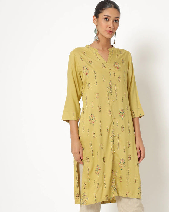 Printed Straight Kurti with Notched Collar