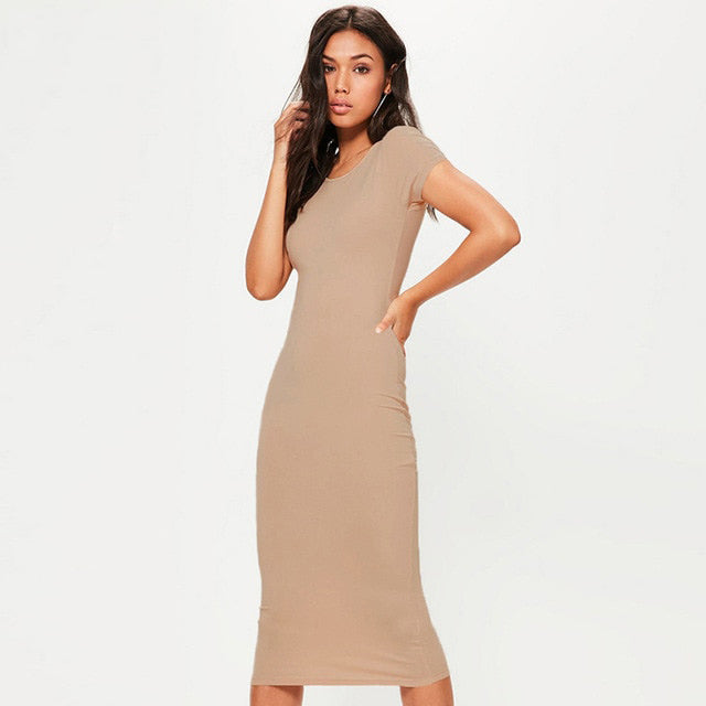Short Sleeve O Neck Slim Bodycon Basic Casual Midi Dress MagicVentures Short Sleeve O Neck Slim Bodycon Basic Casual Midi Dress MagicVentures