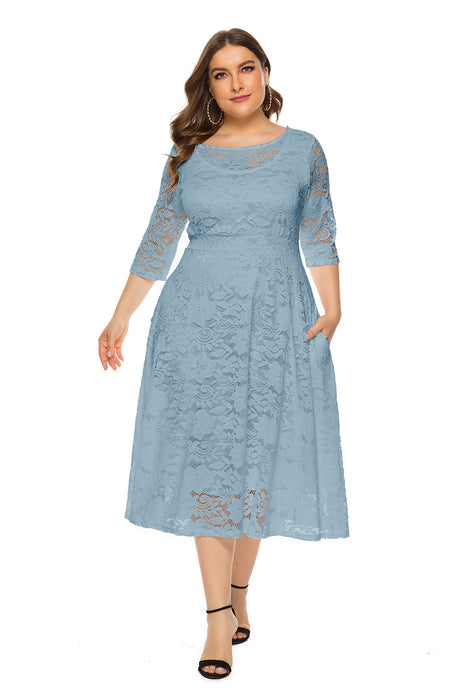 Plus Size Midi Cutout Lace Pocket Dress