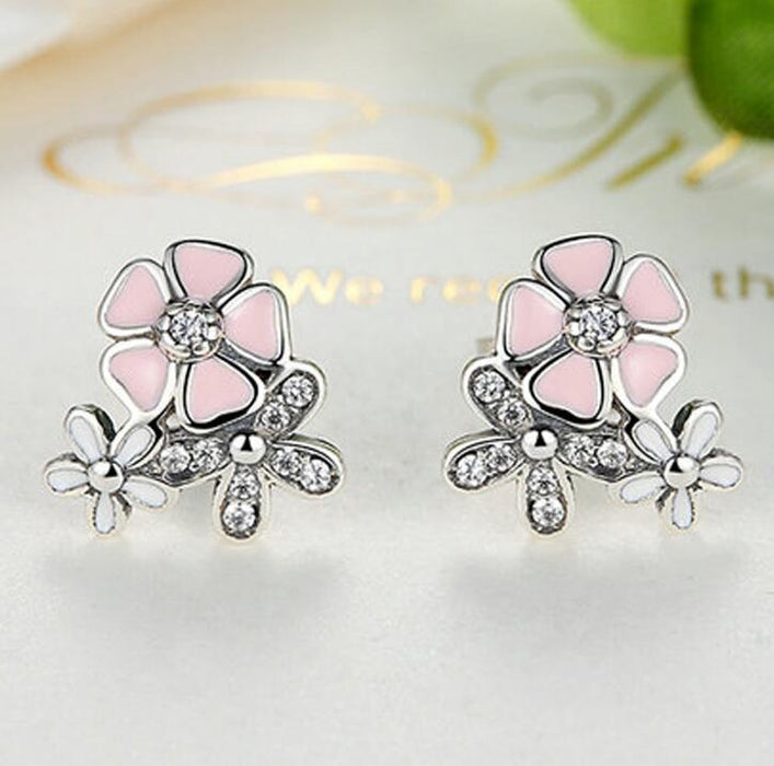 Silver-studded Three-flowered Earrings