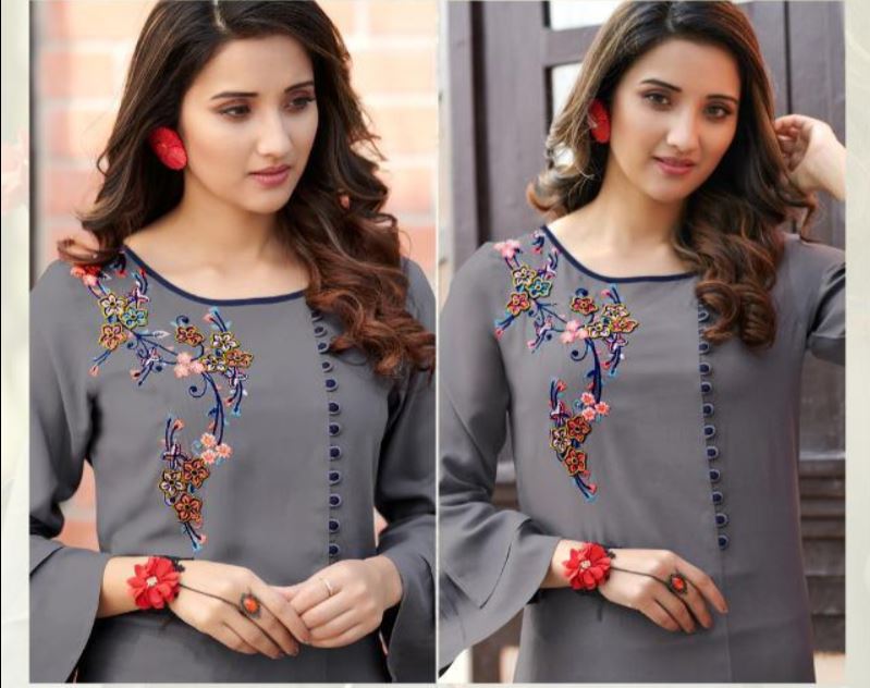 Grey Embroidered Kurti without Bottom