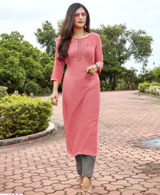 Pink Embroidery Work Kurti with Bottom