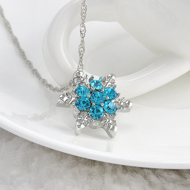 Vintage Blue Crystal Charm Snowflake Zircon Flower Silver Pendant Necklace