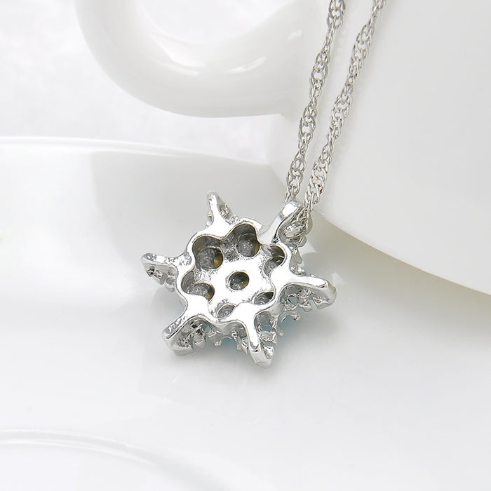 Vintage Blue Crystal Charm Snowflake Zircon Flower Silver Pendant Necklace