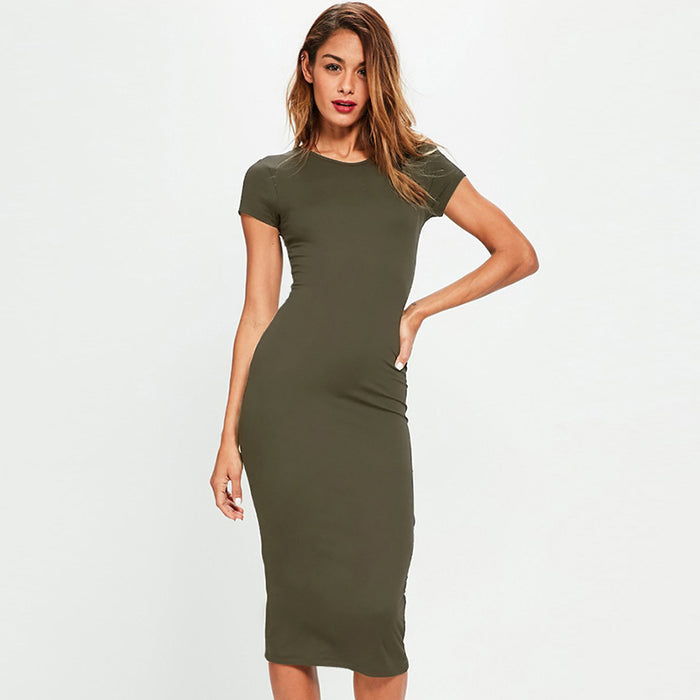 Short Sleeve O Neck Slim Bodycon Basic Casual Midi Dress MagicVentures Short Sleeve O Neck Slim Bodycon Basic Casual Midi Dress MagicVentures