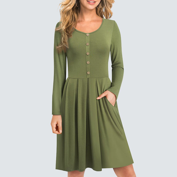 Round Neck Wooden Button with pocket Casual Dress