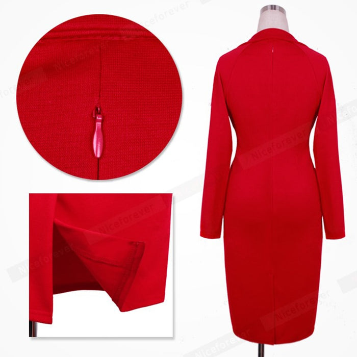 Women Long Sleeve with Button Vintage Bodycon Fitted Pencil Dress