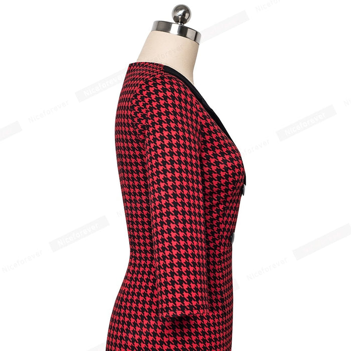 Vintage Houndstooth Patchwork Bodycon with Button Dress