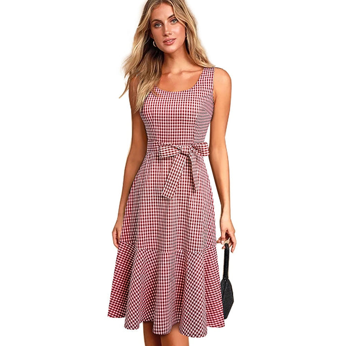 Casual Plaid Sleeveless with Sash A-Line Flare Swing Dress