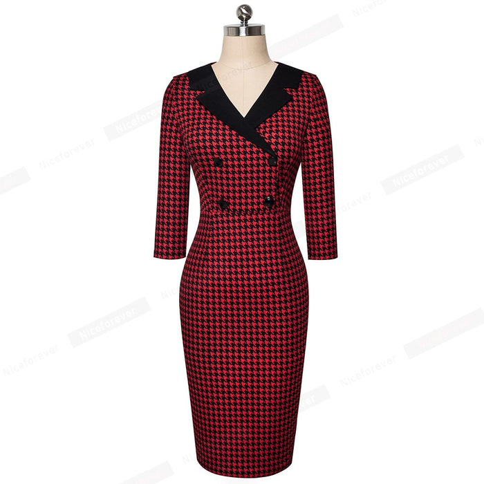 Vintage Houndstooth Patchwork Bodycon with Button Dress