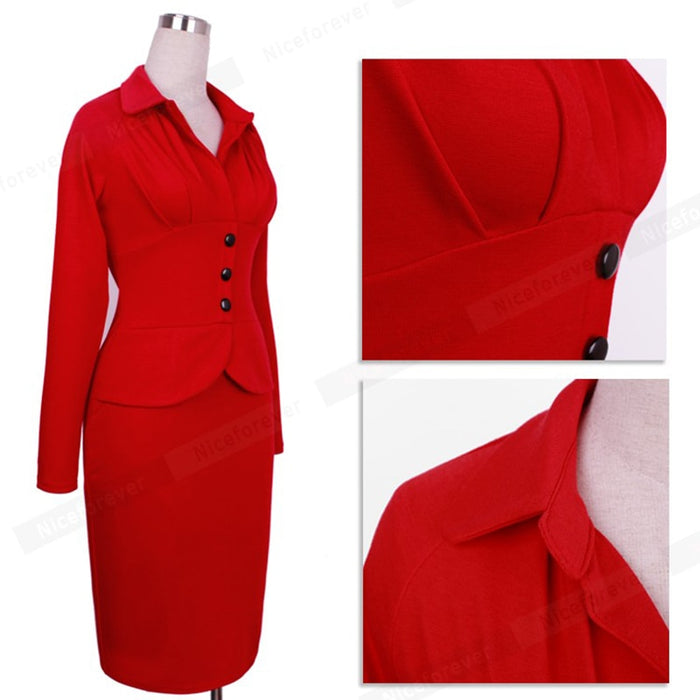 Women Long Sleeve with Button Vintage Bodycon Fitted Pencil Dress