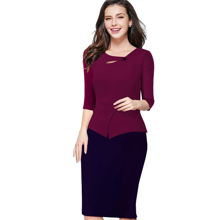 Three Quarter Zip Back Bodycon Patchwork Button Casual Dress