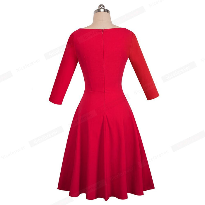 Round Neck 3/4 Sleeve A-Line Pinup Flare Swing Dress