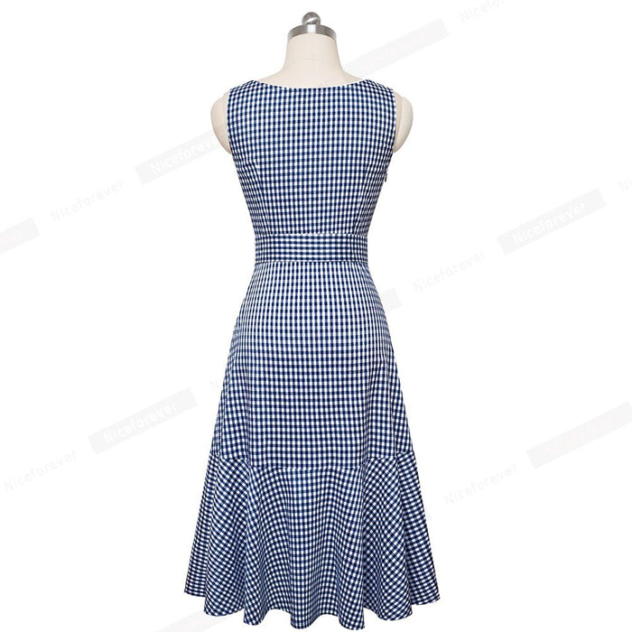 Casual Plaid Sleeveless with Sash A-Line Flare Swing Dress