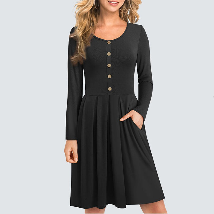 Round Neck Wooden Button with pocket Casual Dress