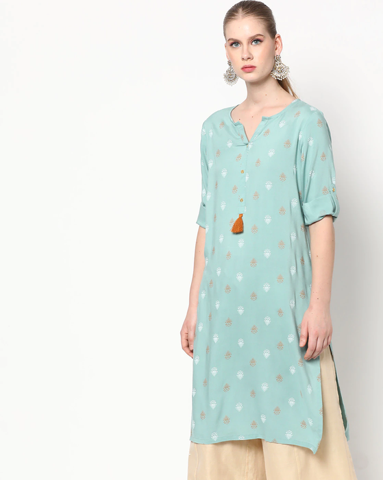 Printed Straight Kurti with Button Placket