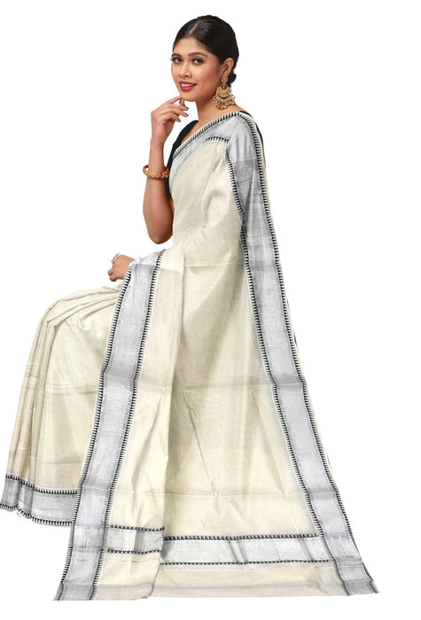 Cotton Saree with Silver Kasavu and Woven Temple Border