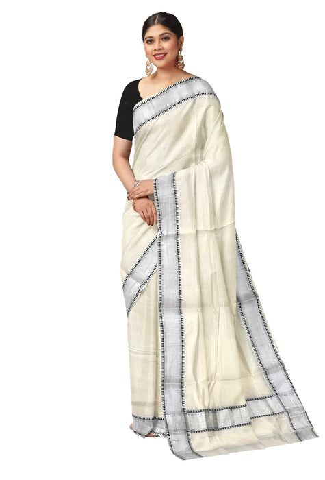 Cotton Saree with Silver Kasavu and Woven Temple Border