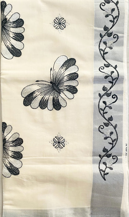 Embroidered Silver Kasavu Cotton Saree